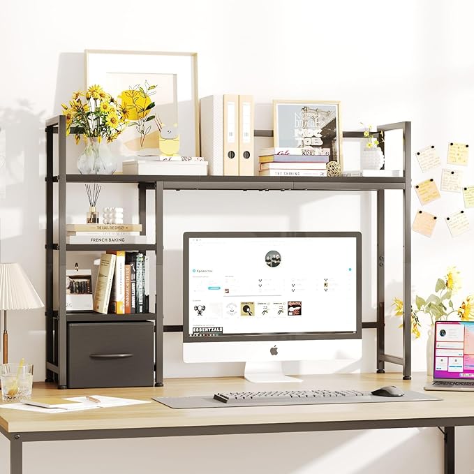 Desk Shelf with Drawer, 41.3" Desktop Organizer Shelf, Desk Hutch for Computer Monitor Max 32", 3 Tier Desktop Display Rack, Wooden Desk Top Bookshelf Storage Rack for Home Office Dorm, Black