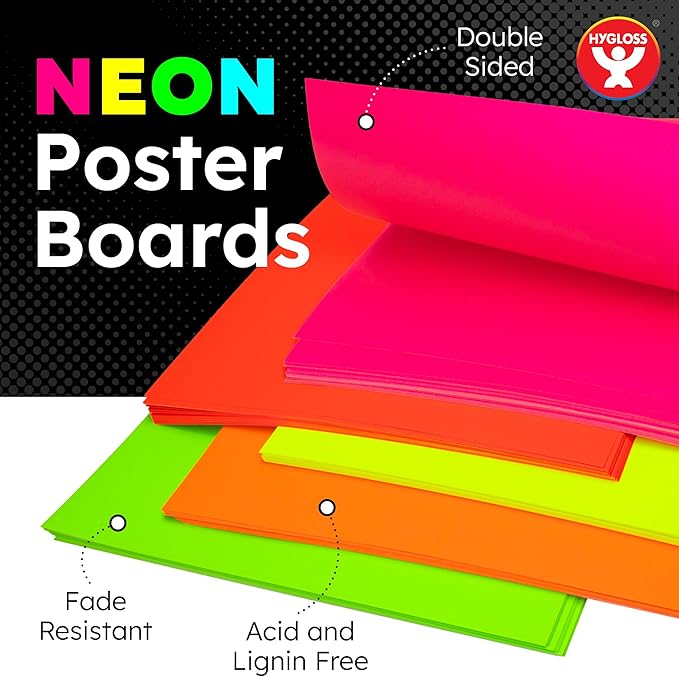 Hygloss Large Poster Board 22x28 - 50 Assorted Neon Color Poster Boards Bulk Pack - 10 Pt. Thickness Colored Poster Board Paper for Projects, Signs, Displays, Crafts - Posterboard Multipack 22" x 28"