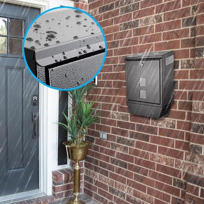 POCHAR Wall Mount Mailbox with Lock - Rainproof Galvanized Steel Locking Mailbox for Outside with Newspaper Compartment - Modern Mail Box for Residential or Commercial Use, Black