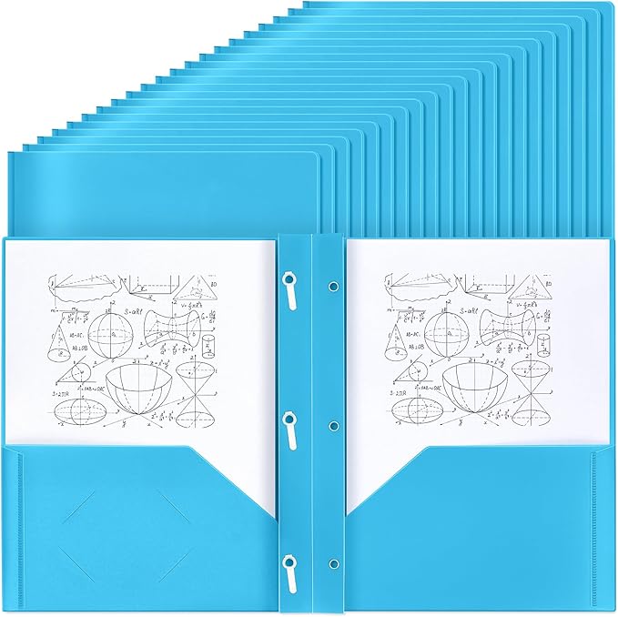 Lincia 100 Pcs Plastic Folders with Pockets and Prong Folders with Prongs 2 Pockets for Office, School for Students, Teachers, Office Workers(Light Blue)