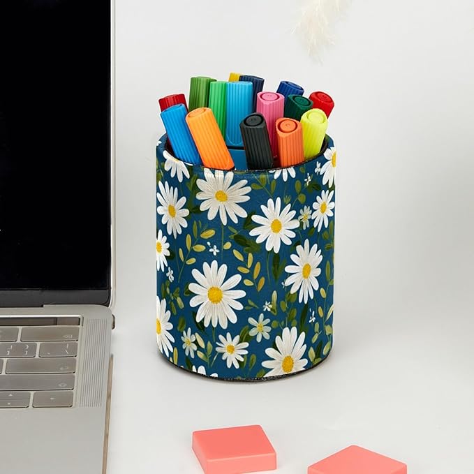 Leather Pen Holder for Desk Small Daisies Leaf Pencil Cup Desktop Organizer Makeup Brush Holders Office Supplies for Home, Kids & School