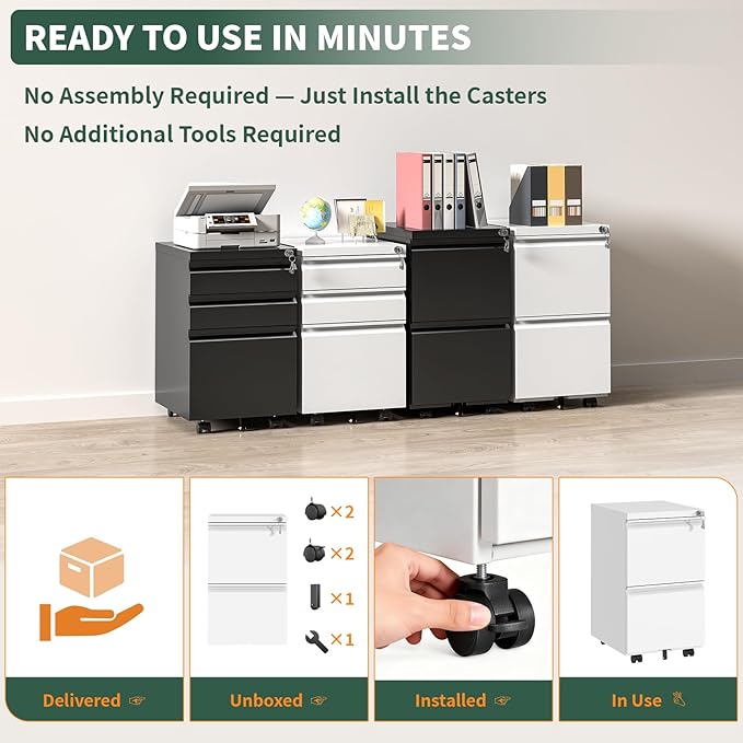 TEEALUBAN 2 Drawer File Cabinet with Lock,Under Desk Rolling Small Filing Cabinet for Home Office Storage, Mobile Steel Cabinets with Wheels, Fully Assembled, White