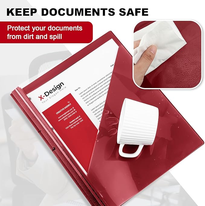 Teling 48 Pcs Clear Front Report Covers with 3 Prongs, Plastic Dark Red Presentation Folders Bulk with 3 Pockets for A4 and Letter Size Paper, 90 Sheet Capacity, Document Covers for School Business