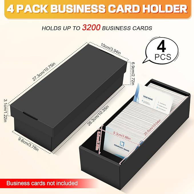 QLOUNI Business Card Storage Box 4 Pack, Business Card Holder Case with Lids, Holds 3200 Cards Total, 3-Layer Corrugated Desk Business Card Organizer, Black Card Index Photo & Office Supplies Storage