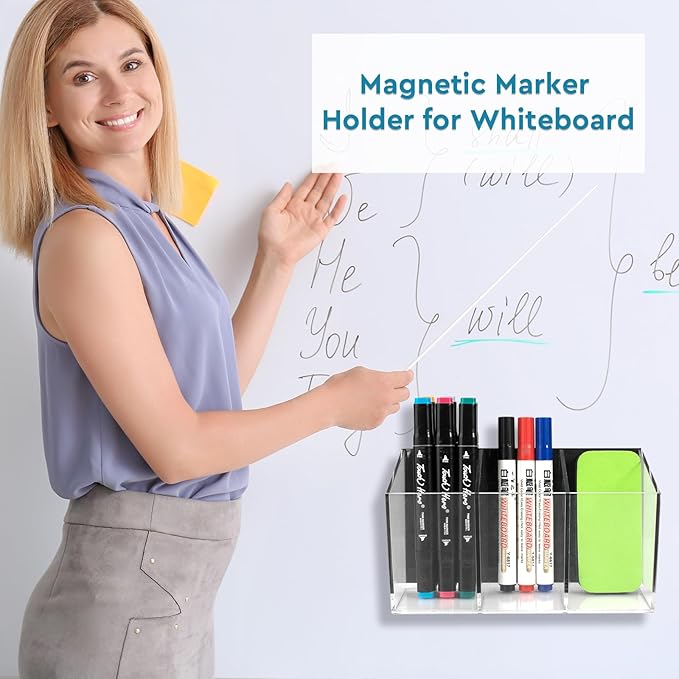 VACONICO Magnetic Pen Holder, Acrylic Dry Erase Marker Holder, Large Capacity Pencil Holder for Whiteboards, Fridge, Lockers Office School Supplies (Clear & 3 Compartments)