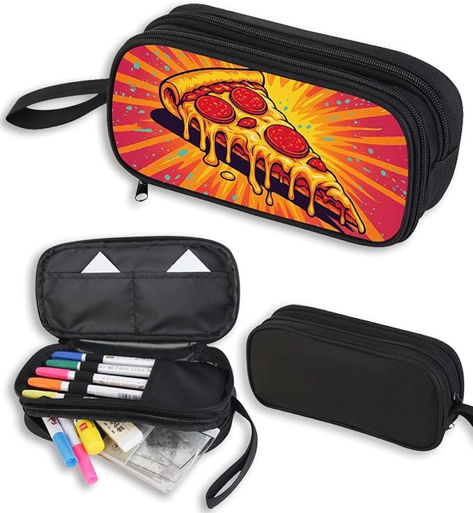 AnySmic Pizza Pencil Case for Boys Girls, Large Durable Pencil Pouch for Kids, Polyester Big Capacity Pen Case Gifts, Double Zipper, Food Single-sided Printed Bag Organizer
