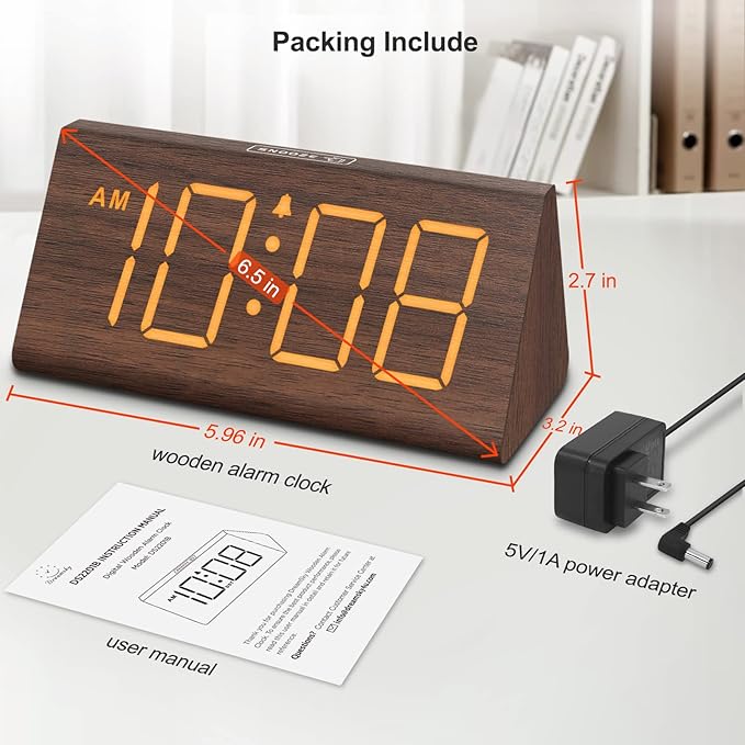 DreamSky Wooden Digital Alarm Clocks for Bedrooms - Electric Desk Clock with Large Numbers, USB Port, Loud Alarm for Heavy Sleepers, Adjustable Volume, Dimmer, Snooze, DST, Wood Décor, Adapter Powered