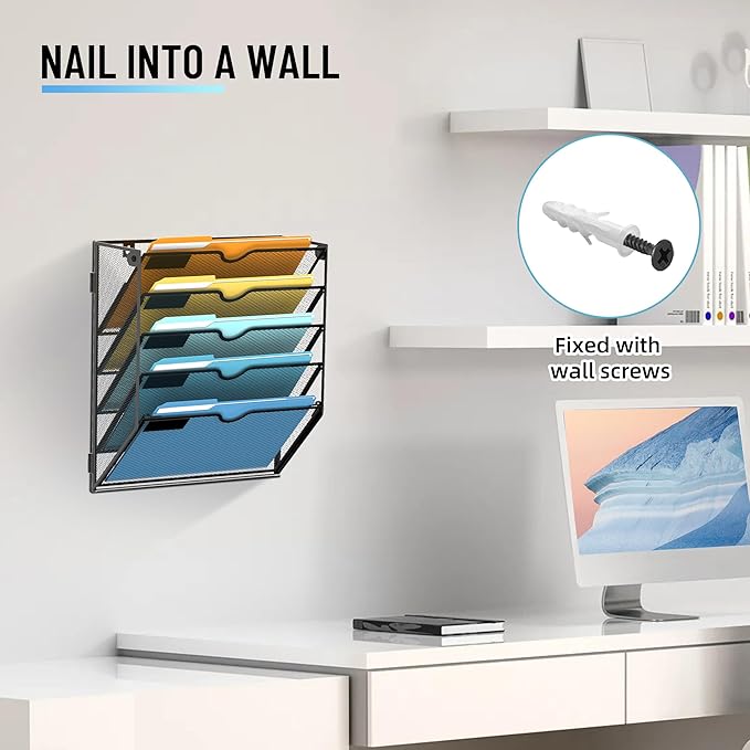 SUPEASY 5-Tier Wall File Holder Organizer with Hooks, Mesh Hanging File Organizer, Mail Organizer Wall Mounted for Papers, Folders, Office Magazine Rack, Black