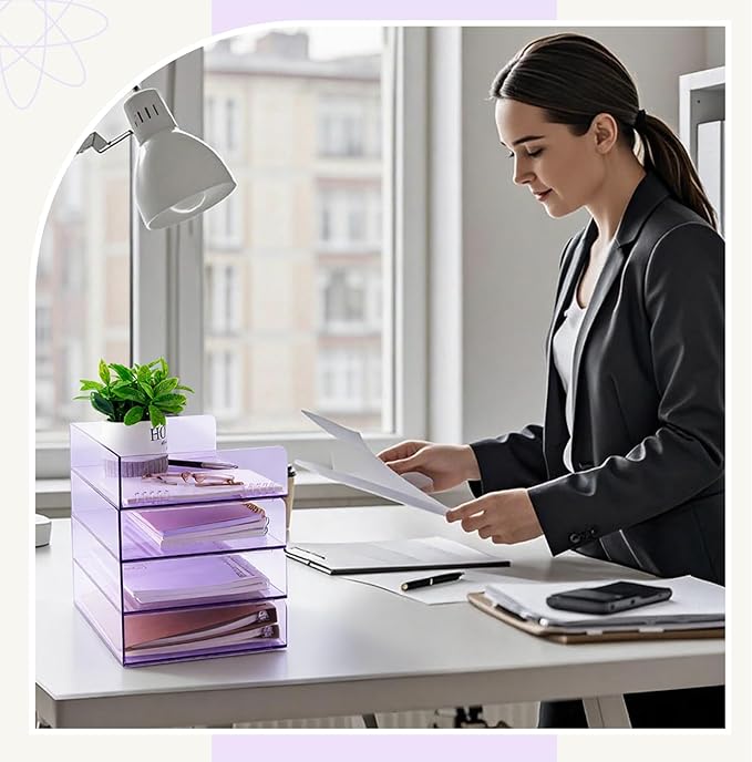Harloon 4 Tier Acrylic Paper Tray 12.4 x 8.7 x 2.7 Inches Stackable Letter Clear Organizer No Need to Assemble Acrylic Paper File Organizer for Office Workspace Desktop Storage (Transparent Purple)