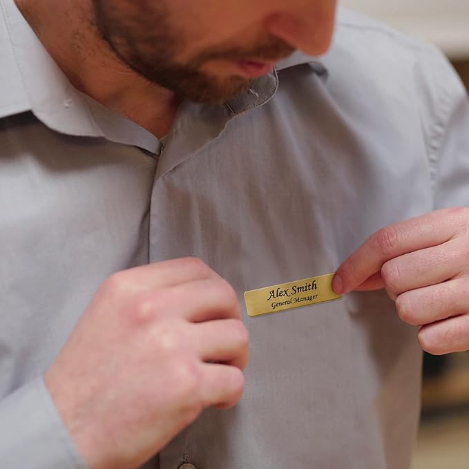 Custom Engraved Name Tag Badges Identification Personalized with Pin or Magnetic Backing, Metal Name ID for Clothing Brushed Gold & Silver Plates with Black Letters for Business or Employees