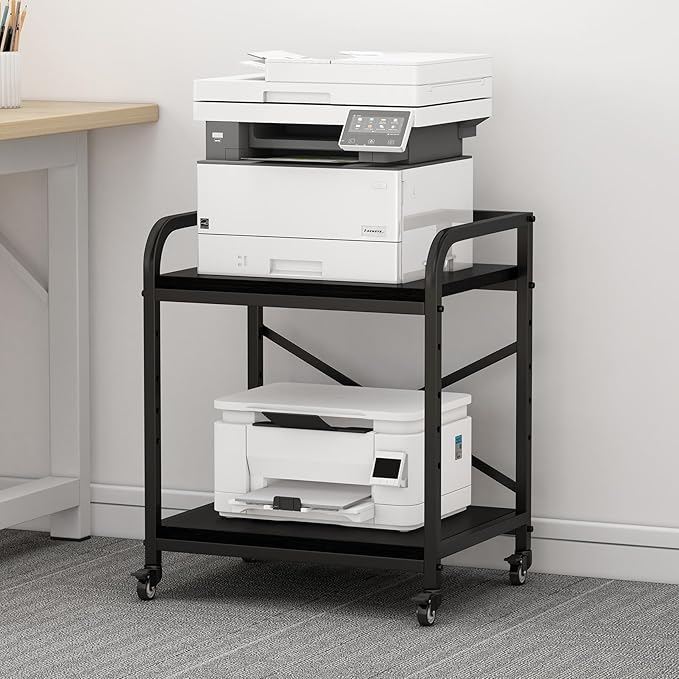 Vokumba 2 Tier Large Printer Stand, 20 x 20 Inches Printer Table with Storage Shelf, Rolling Printer Cart with Wheels for Home Office, Scanner Fax (Black)
