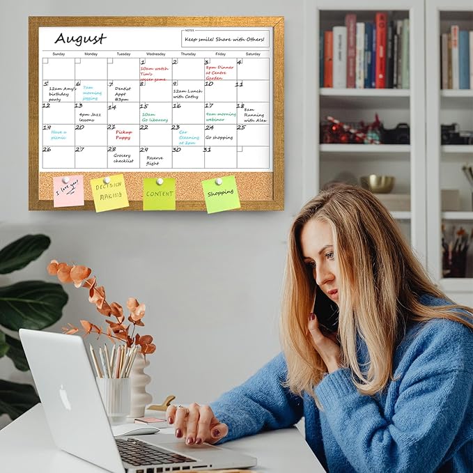 Calendar Whiteboard for Wall, 18x24 Inches White Board Calendar Dry Erase, Magnetic Monthly White Board with Gold Wood Frame, Hanging Dry Erase Board for Kitchen Home Office School Planner