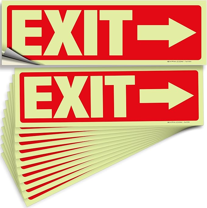 iSYFIX Exit Stickers Signs with Directional Right Arrow 12 Pack 12x4 Inch - Glow in the Dark Photoluminescent Vinyl for Office, School, Business, Warehouse - UV & Weather Resistant for Indoor/Outdoor Use