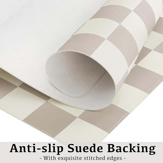 Ohocut Checkered Desk Mat, Large Cute Aesthetic Retro PU Leather Computer Laptop Desk Mat, Non-Slip Waterproof Mouse Keyboard Pad, Desk Writing Mat for Work/Home (Khaki, 23.6" x 13.7")
