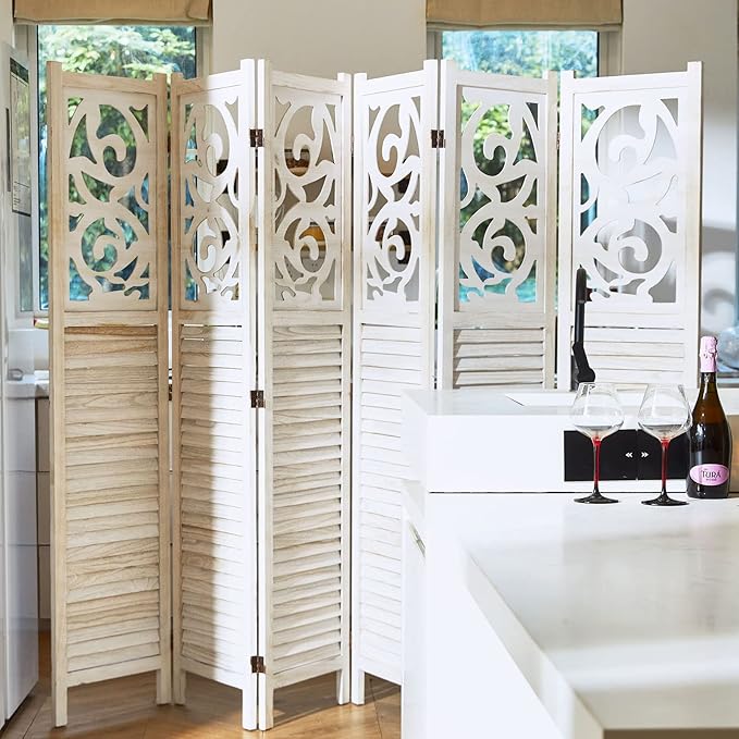 Room Divider Wood Carved Wall Divider Indoor Folding Portable Partition Screen for Home Office Garden Terrace - 6 Panel, 67 * 90inch (White)