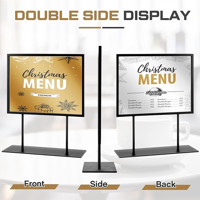 Zhengmy 1 Pcs Tabletop Sign Holder with Flat Base 11" x 8.5" Double Sided Countertop Sign Holder Horizontal Desktop Display Stand Metal Poster Display Stand for Office Store Restaurant Hotels, Black