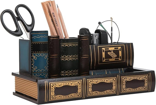 VERGOODR Decorative Pencil and Pen Holder with Storage Drawer, Wooden Desk Organizer Caddy, Antique Library Books Design Pen Cup for Office Supplies, Countertop, Desk,Table (Reddish brown)