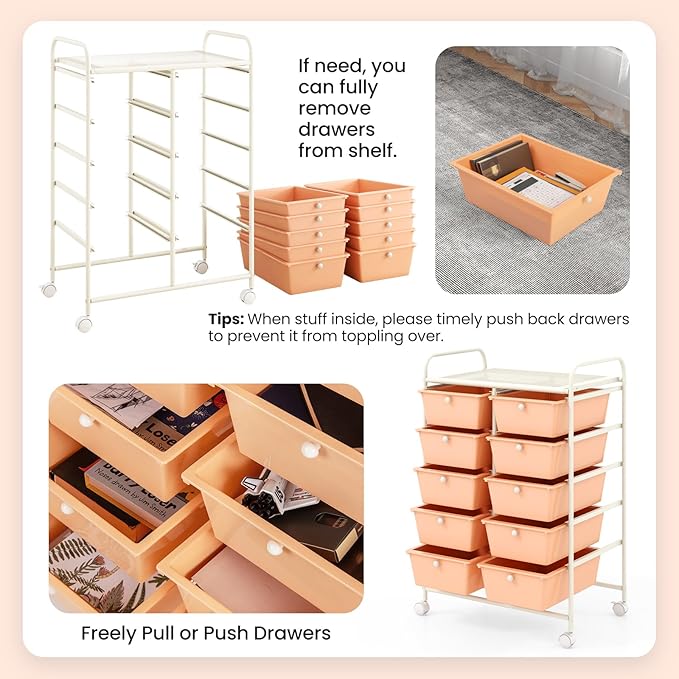 GLACER 10 Drawer Rolling Cart, Storage Cart with Lockable Whieels & Metal Frame, Trolley for Art Craft Oganizer, Mobile Utility Cart for Office, School, Classroom, Kitchen (Peach Fuzz)