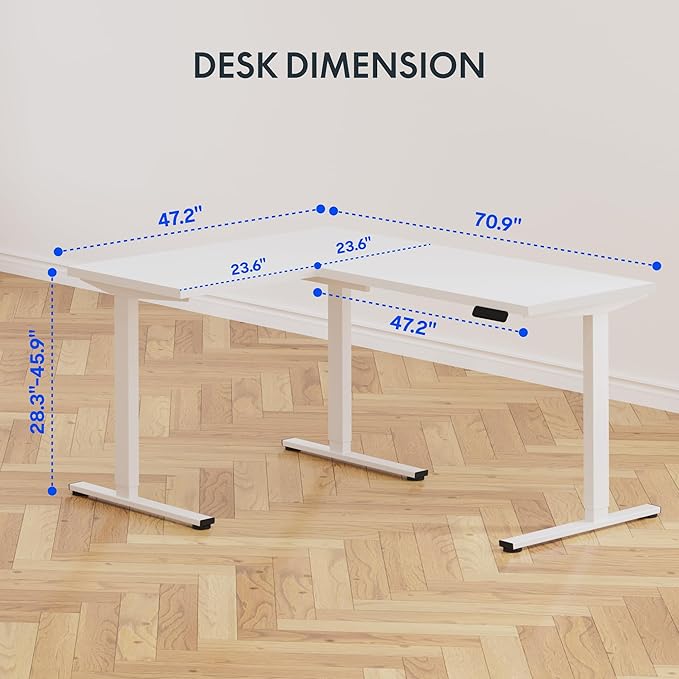 FLEXISPOT L Shaped Standing Desk, 71 x 63 Inch Electric Height Adjustable Corner Desk, Sit Stand Computer Workstation, Preset Controller, Home Office, White Frame with White Top