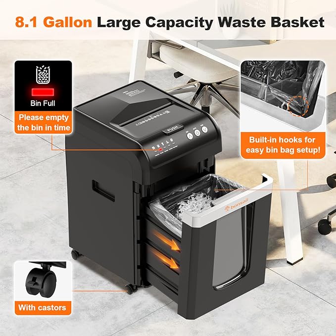 Bonsaii 200-Sheet Auto Feed Paper Shredder, 60-Min Nonstop Heavy Duty Shredders for Office, 8.1-Gal Bin, P4 High Security Micro Cut Large Commercial Paper Shredder for Business (C283-A New Version)