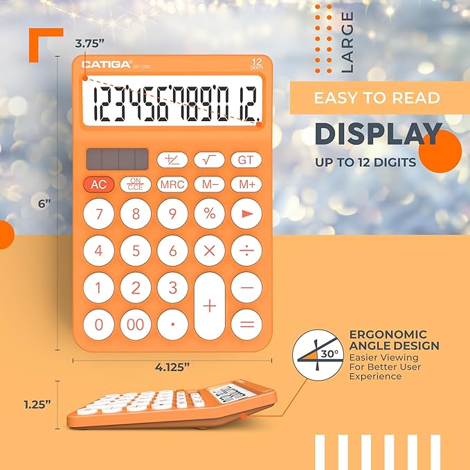 CATIGA 12 Digit Desktop Calculator Basic Desk Calculator with Large LCD Display, Big Buttons, 4 Function, Solar and Battery Dual Power, for Office, School, Home, SD-1292 Orange