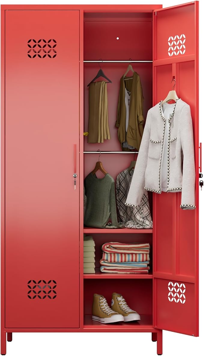 SUPEER 2 Doors Metal Storage Locker with Adjustable Shelves and 2 Hanging Rods, Metal Wardrobe Cabinet with Lock,Wardrobe Lockers for Home,Office,Assembly Required,Red