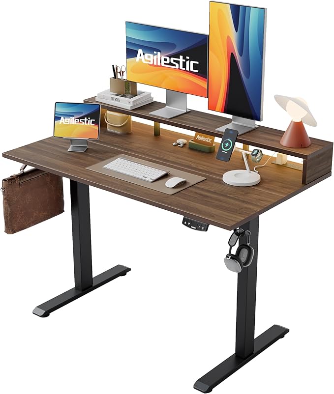 Electric Height Adjustable Standing Desk with Power Outlet and LED Light Strip, Sit to Stand, Ergonomic 48x24" Rising Desk with Memory Presets, Home Office Workstation, Computer Gaming Table, Walnut