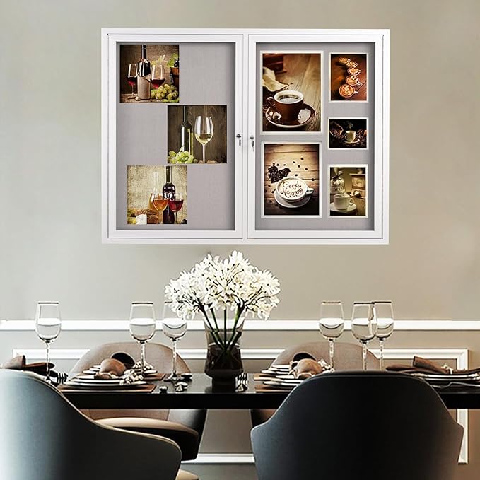 48x36 Inch Lockable Enclosed Bulletin Board, Weather-Resistant Outdoor Noticeboard with 2 Locking Doors, Wall-Mounted Silver Aluminum Frame & Grey Felt Presentation Board