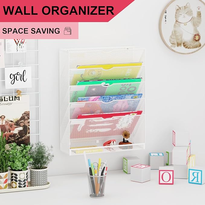 GDINDINFAN Hanging Wall File Organizer 6 Tier Wall Mounted File Holder Document Wall Organizer Magazine Organization for Office Home, White
