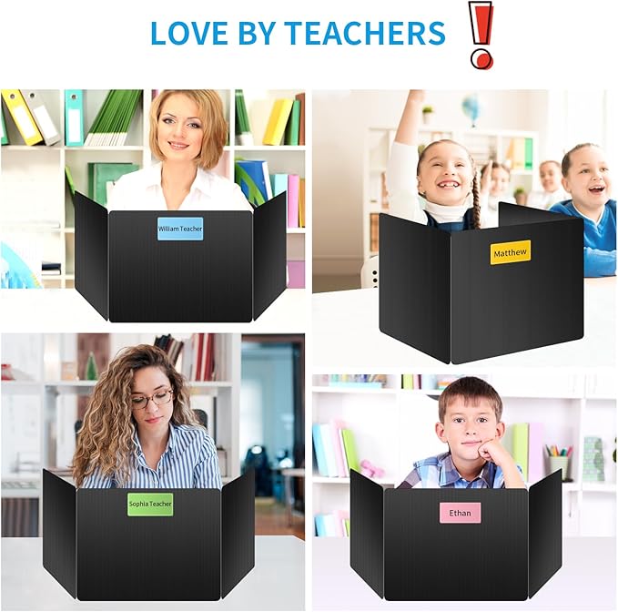6 Pack Black Desk Dividers for Students, Privacy Shields Folder for Students, Durable & Waterproof Plastic Study Board, Classroom Teacher Supplies Test Divider, Includes Extra Labels