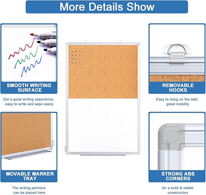 Magnetic White Board and Cork Board Combo, 36 X 24 inches Whiteboard Bulletin Combination Board, Wall Mounted Dry Erase Message Board for Home, School and Office