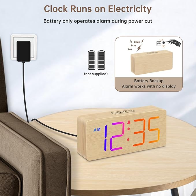 DreamSky Wooden Digital Alarm Clock for Bedroom - RGB Desk Clocks for Living Room with Large Numbers, Dimmer, Loud Alarm for Heavy Sleepers with Volume Control, Office Wood Decor (Plug in Clock)
