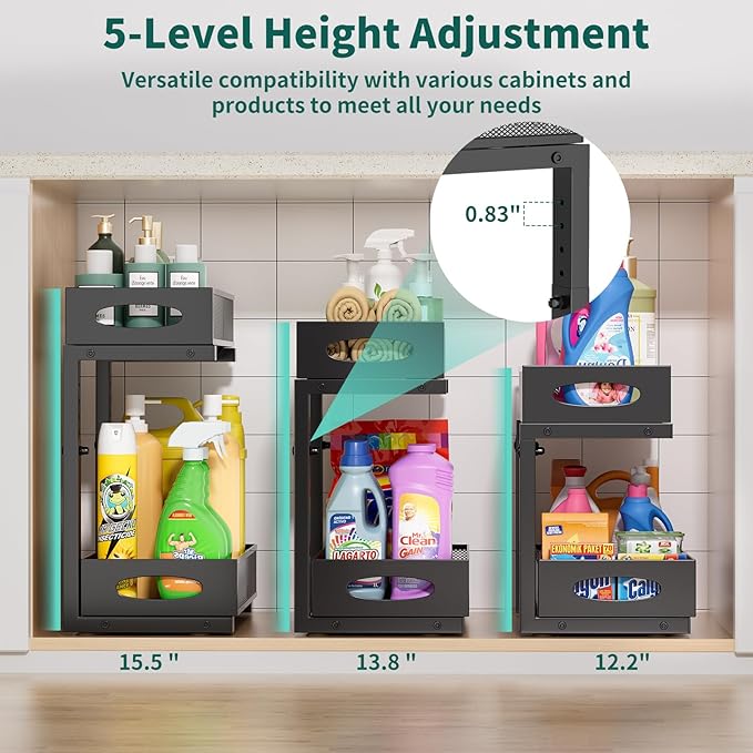 Beleeb Under Sink Organizer, 1-Pack of 2-Tier Metal Slide Out Pull Out Cabinet Organizer Shelf, Height Adjustable Organization and Storage Series, Bathroom/Desktop/Cabinet/Kitchen organization, Black