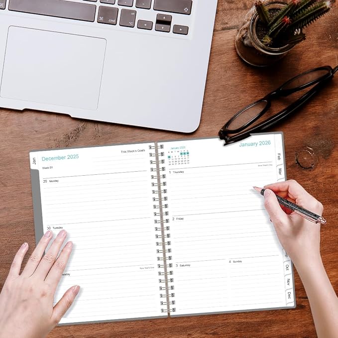 2026 Planner - Planner 2026 from January 2026 - December 2026, Weekly & Monthly Planner Spiral Bound with 12 Monthly Tabs, Inner Pocket, 6.4" x 8.5", Grey-E