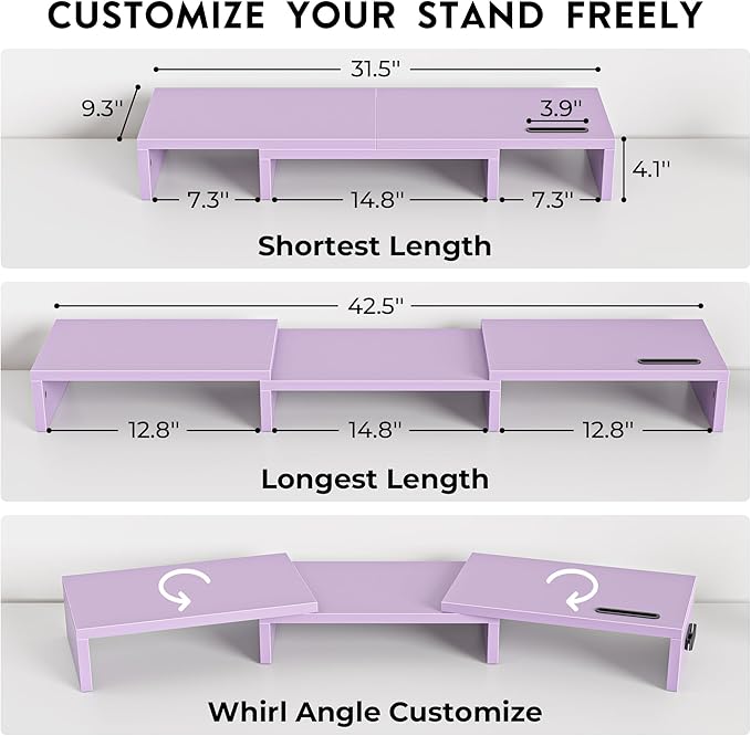 BONTEC Dual Monitor Stand Riser with Smartphone Holder, Adjustable Length & Swivel Angle, Ergonomic Wooden Desktop Organizer for PC Monitor, Laptop, Printer, Large Storage, Purple