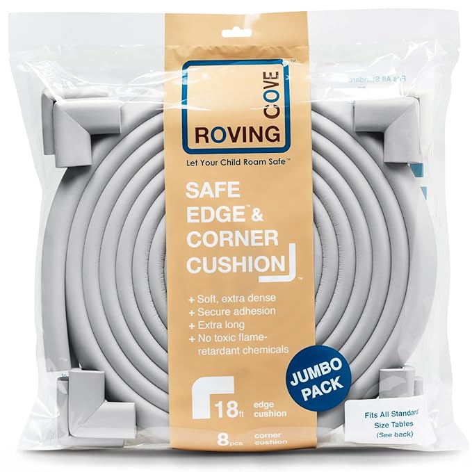 Roving Cove HeftyFit Edge Corner Protector Baby Proofing (Large 18ft Edge 8 Corners), Heavy-Duty, Soft NBR Rubber Foam, Furniture Fireplace Safety Bumper Guard, 3M Adhesive, Stone Grey