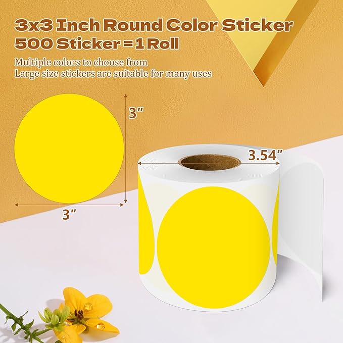 3 Inch Round Color Coding Labels (500 per Roll) - Colored Dot Stickers Round Labels for Inventory, Warehouse, Office Organizing - Yellow Circle Stickers