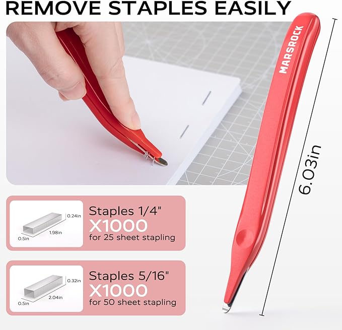 MARSROCK Effortless Stapler for Desk with 40-50 Sheet Capacity, 2000 Staples, 1-Touch Stapling, Ergonomic & Easy to Load Desktop Staplers, Heavy Duty Stapler, and Magnetic Staple Remover, Red