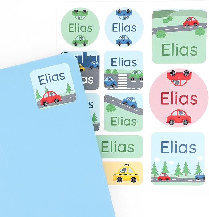 Large Name Labels for Kids (33) - Custom Stickers for Daycare and School Supplies - Durable, Waterproof Stickers for Water Bottles, Lunch Boxes, and More with Unique Designs - Cars