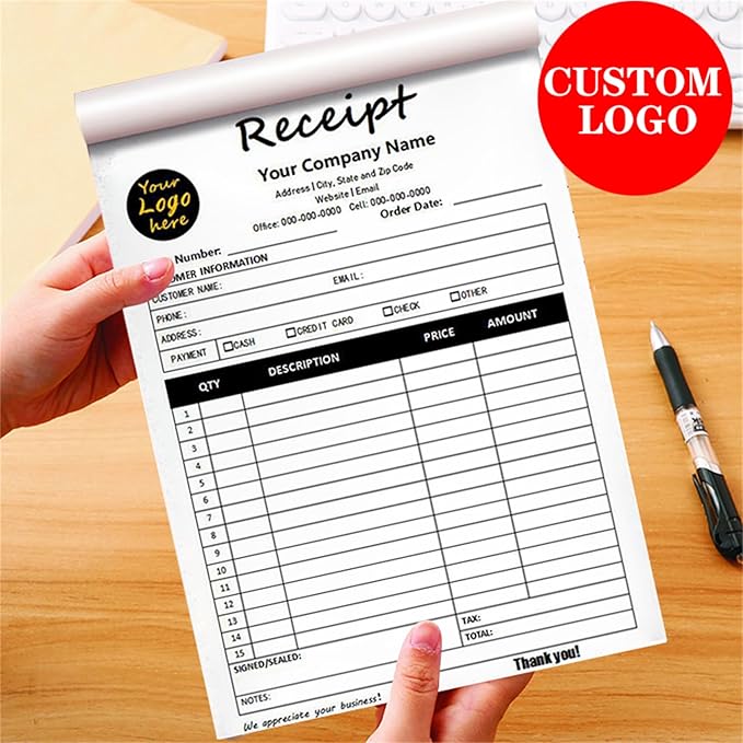 Custom Invoice Book in 3-Part /2-Part Receipt Book with Carbon Copies Personalized Carbonless Service Invoice Form Books Sales Order Book with Company Name Logo Address,D-Receipt Book with Logo