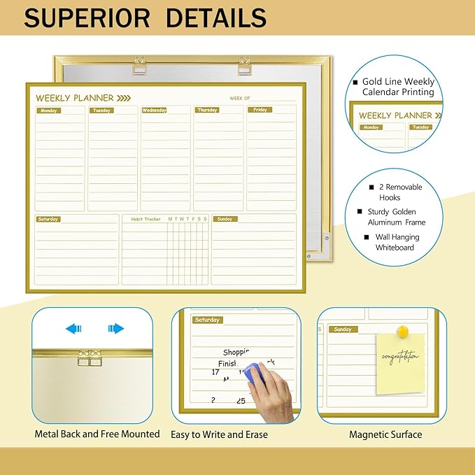 Large Weekly Dry Erase Board for Wall,20"x28",Gold Aluminum Frame Magnetic Weekly Planner Whiteboard for to Do List, Memo, School, Home, Office, Kitchen
