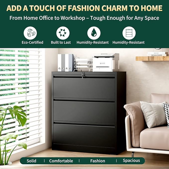 3 Drawer Lateral File Cabinet with Lock, Metal File Cabinets for Home Office, Office Furniture for Organization Hanging Legal/Letter/A4, Metal Filing Cabinet Storage Cabinet, Require Assembly, Black