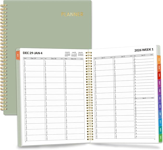 SUNEE 2026 Appointment Book, Quarter-Hourly, Weekly & Monthly - from January 2026 - December 2026, 8.5"x11" Weekly Planner, Flexible Cover, Note Pages, Pockets, Bookmark, Spiral Binding, Green