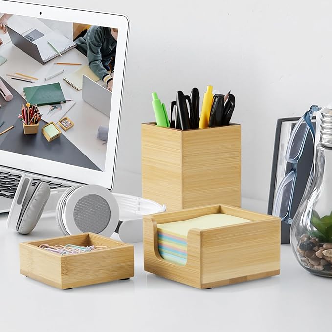 CMLKLZD Desk Organizer Set of 3 - Bamboo Office Desk Accessories - Desk Organizers and Accessories for Women Men - Set incl. Pencil Pen Holder, Paperclip Storage and Sticky Note Holder