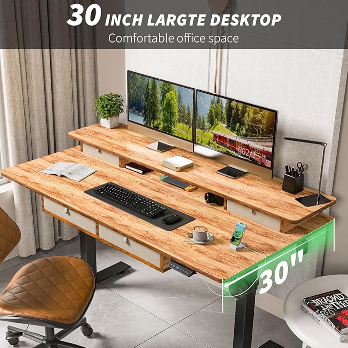 Kingant 48 x 30 Inch Electric Standing Desk with 4 Drawers, Adjustable Height Computer Desk for Home Office, Large Workstation Sit Stand Up Desk with Built-in USB A/C Ports, Light Rustic Brown