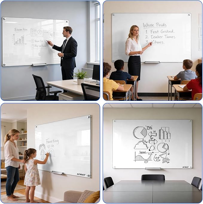 AFAMT Magnetic Dry Erase Board, 40" x 60" Glass Whiteboard, 4mm Tempered Glass, Strong Magnetic Surface, No Ghosting, Large Frameless Mounted Glass White Board for Office, Home, School