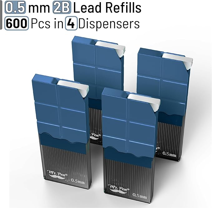 Mr. Pen- 0.5 Millimeter Lead Refills for Mechanical Pencils, 2B, 4 Pack, 600 PCS, 0.5 Lead Refills