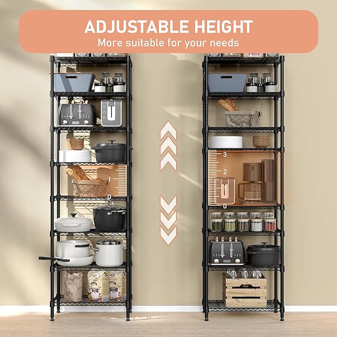 M MZG 8 Tier 2000 lbs Storage Rack Metal Wire Shelving Unit, Storage Standing Shelf Organizer for Laundry Bathroom Kitchen Pantry Closet Garage Basement Utility Room, Black 13.8" D x 23.6" W x 79.5" H
