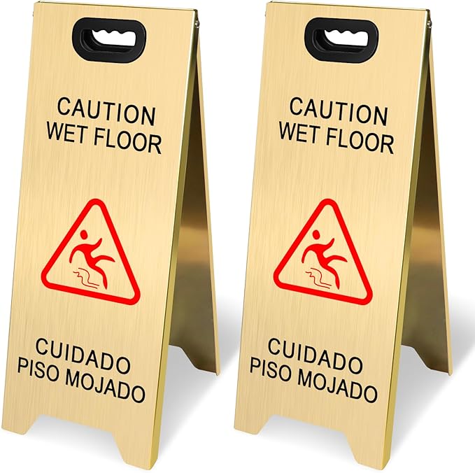 Kerty 2 Pack Stainless Steel Wet Floor Sign, 24 Inch Caution Wet Floor Sign Portable Foldable Bilingual Safety Warning for Hotel Market Restroom Restaurant Office (Gold)