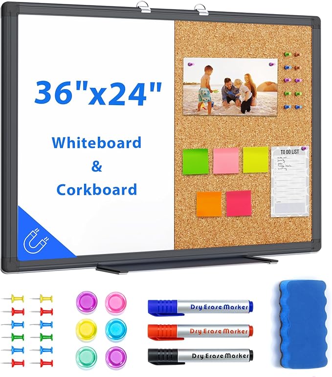 maxtek Combination Board, 36 x 24 Magnetic Whiteboard & Cork Board, Dry Erase Board Bulletin Combo Board for Home Office Classroom, 3' x 2' Wall Mounted Memo Message Board